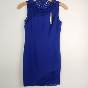 Tahari Sleeveless Blue Bodycon Lace Detail Dress Size 4